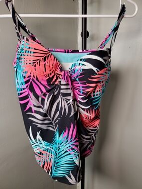 Womens Tropical Leaf Tankini Top - Black with Pink & Teal